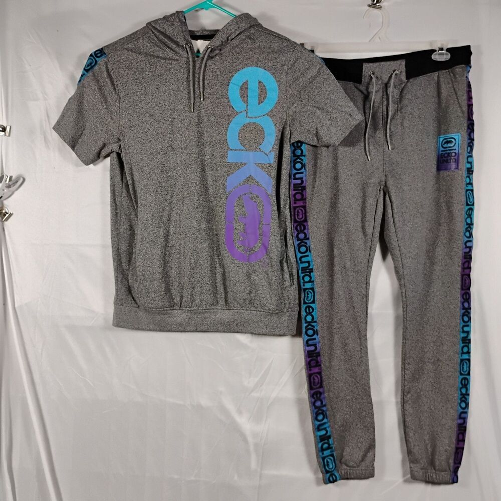 Ecko Unltd Gray Hooded Short Sleeve Sweater + Sweatpants Mens Large Purple Blue